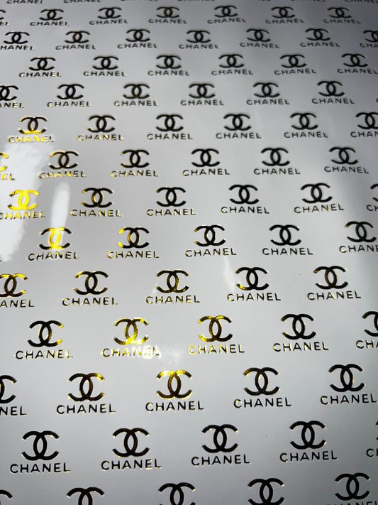 White and Gold Logo Faux Leather Sheet 9x12 | Glossy Craft Faux Leather