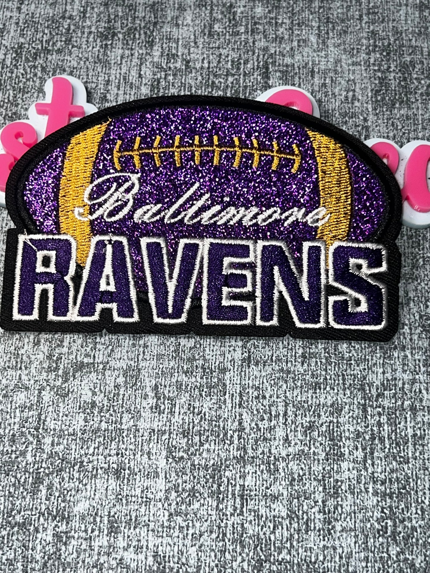 Purple and Gold Glitter Football Embroidered Iron-On Patch | Sports Ball Applique for Jackets and Bags