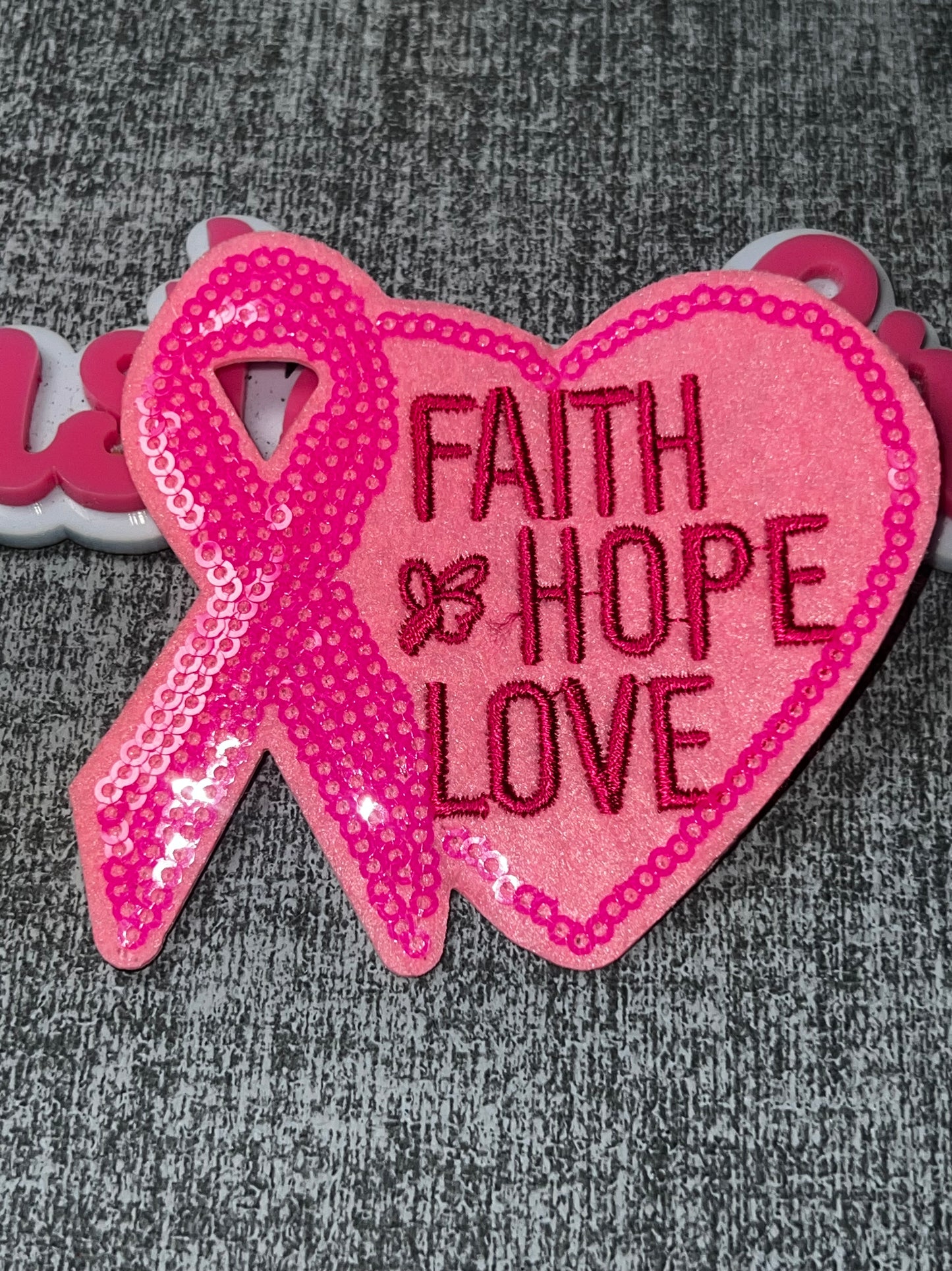 Pink Faith Hope Love Ribbon Sequin Iron-On Patch | Awareness Heart Applique for Jackets and Bags Cancer