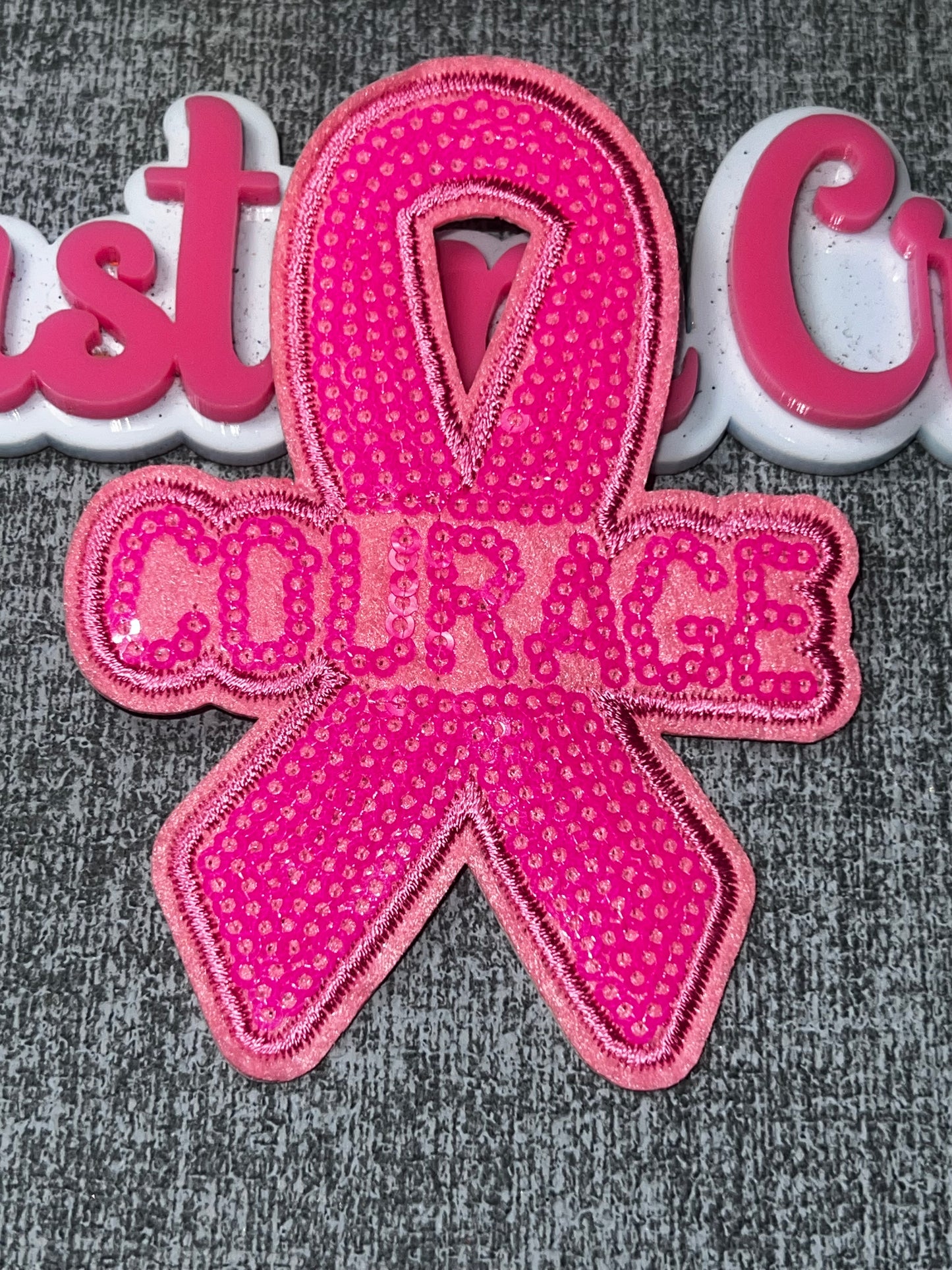 Courage Pink Ribbon Cancer Embroidered Sequin Iron-On Patch | Breast Cancer Awareness Applique for Jackets and Bags
