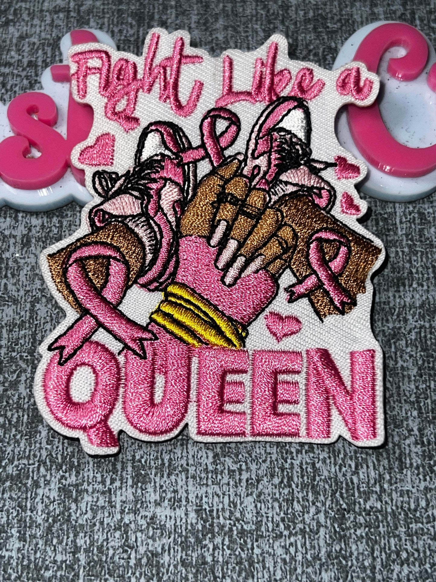 Fight Like a Queen Cancer Awareness Embroidered Iron-On Patch | Pink Ribbon Fashion Applique for Jackets and Bags