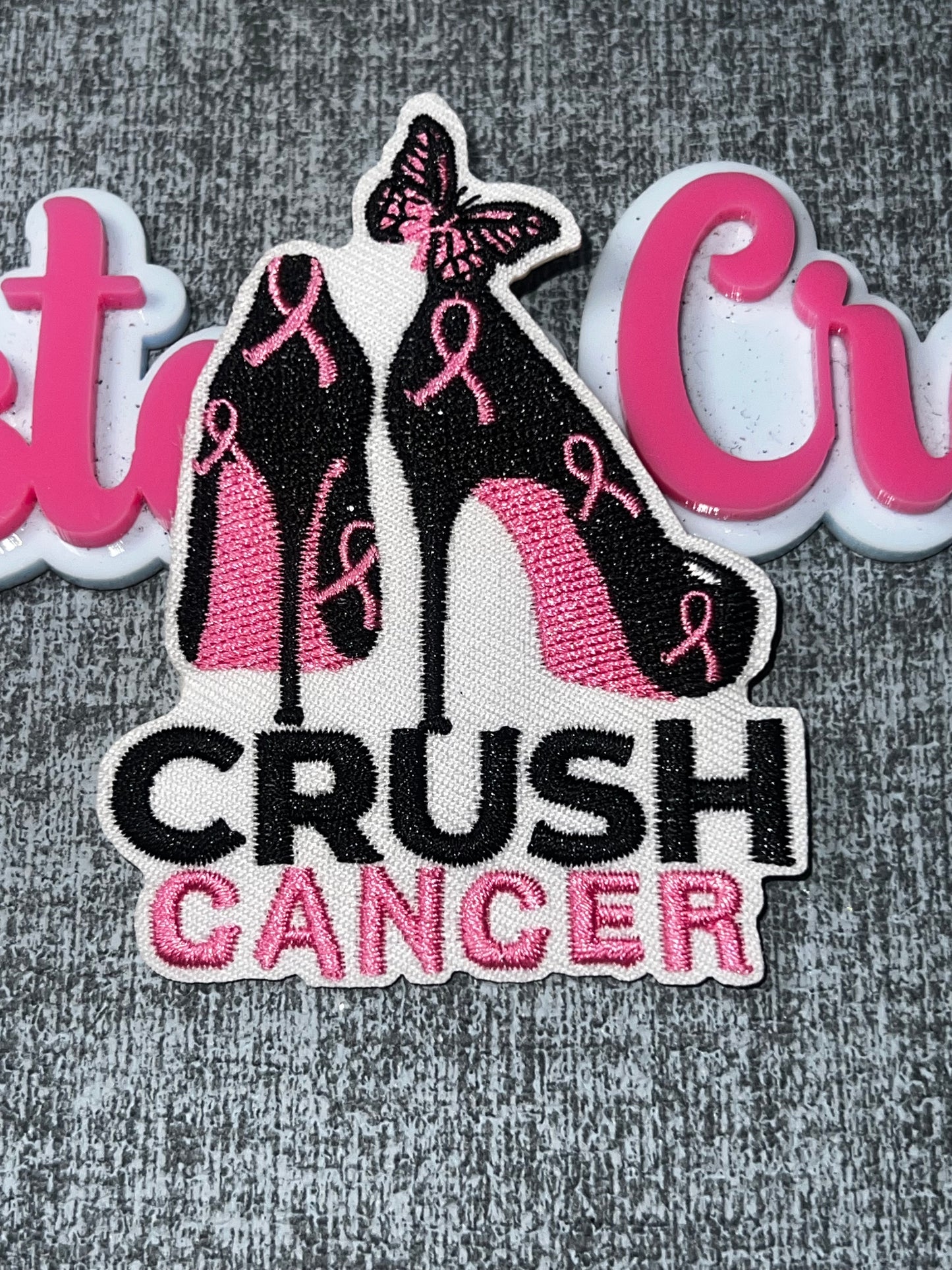 Crush Cancer Pink High Heel Embroidered Iron-On Patch | Breast Cancer Awareness Shoe Applique for Jackets and Bags