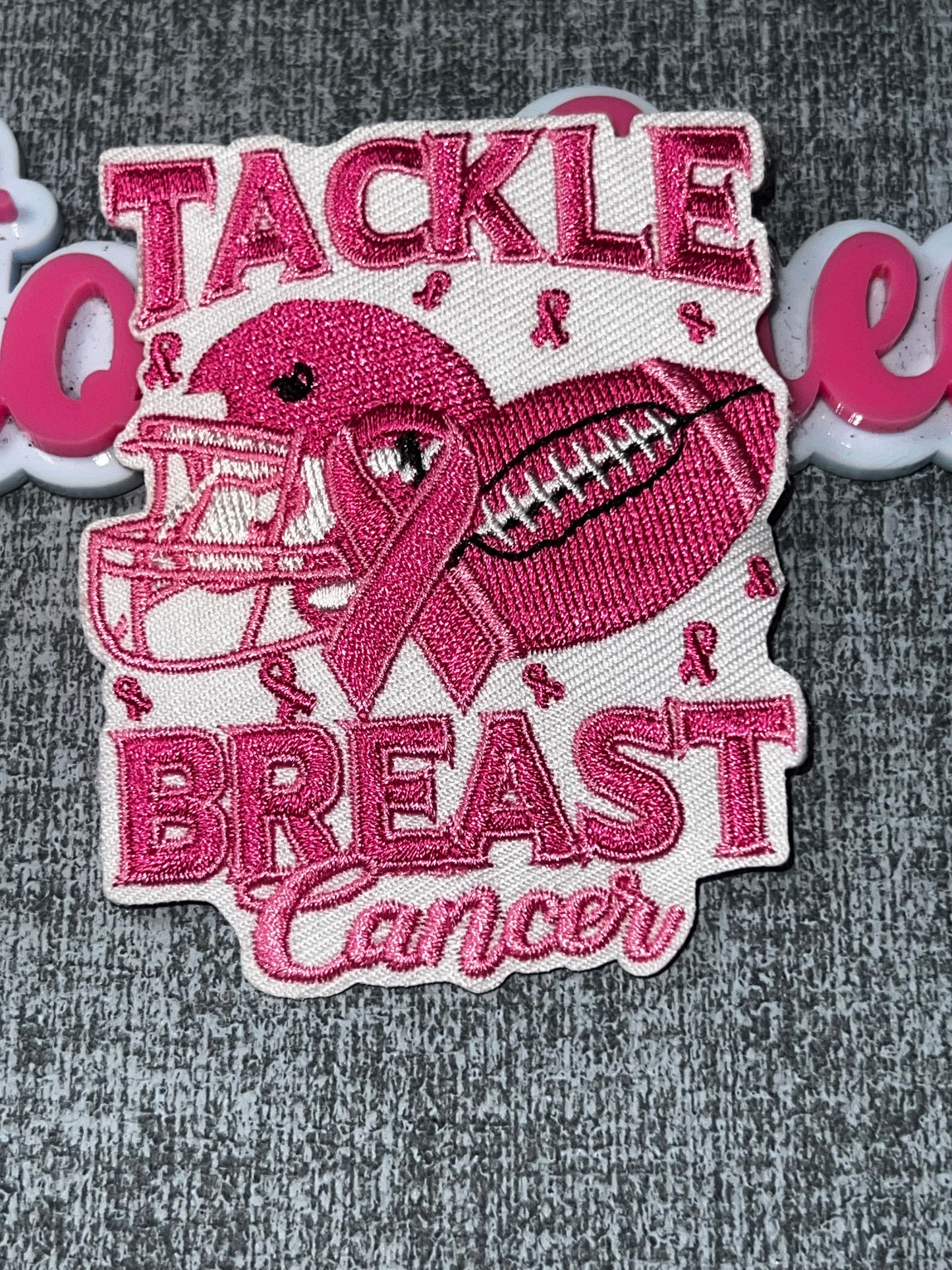Tackle Breast Cancer Pink Ribbon Embroidered Iron-On Patch | Football Theme Cancer Awareness Applique for Jackets and Bags