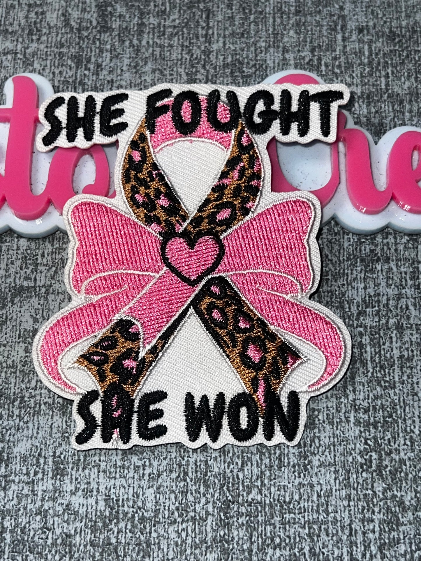 She Fought She Won Cancer Awareness Embroidered Iron-On Patch | Pink Ribbon Victory Applique for Jackets and Bags