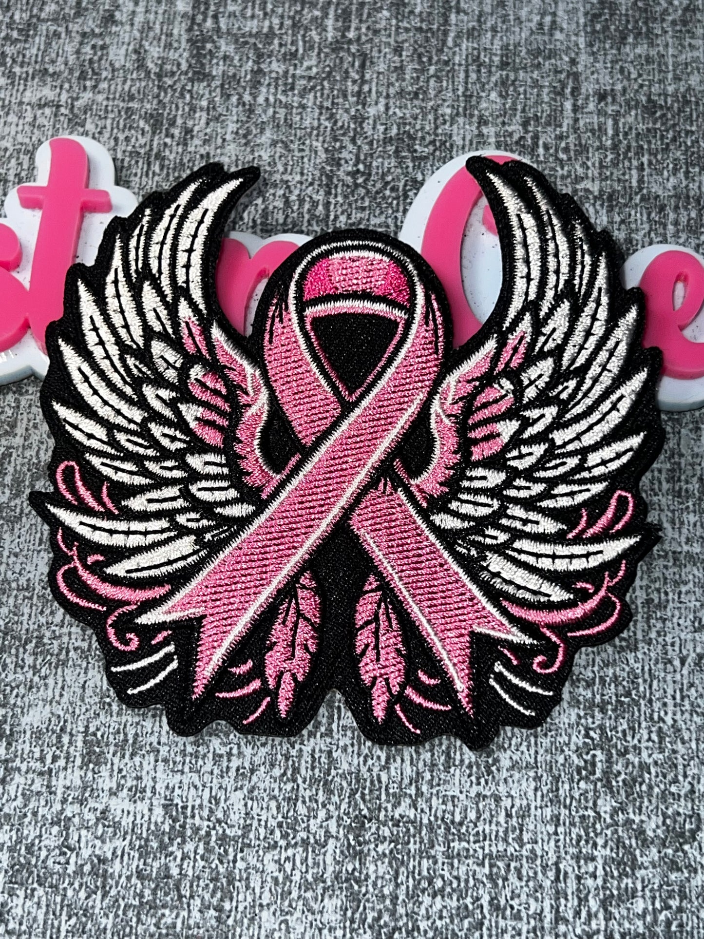 Pink Ribbon Angel Wings Cancer Awareness Embroidered Iron-On Patch | Large Memorial Ribbon Applique for Jackets and Bags