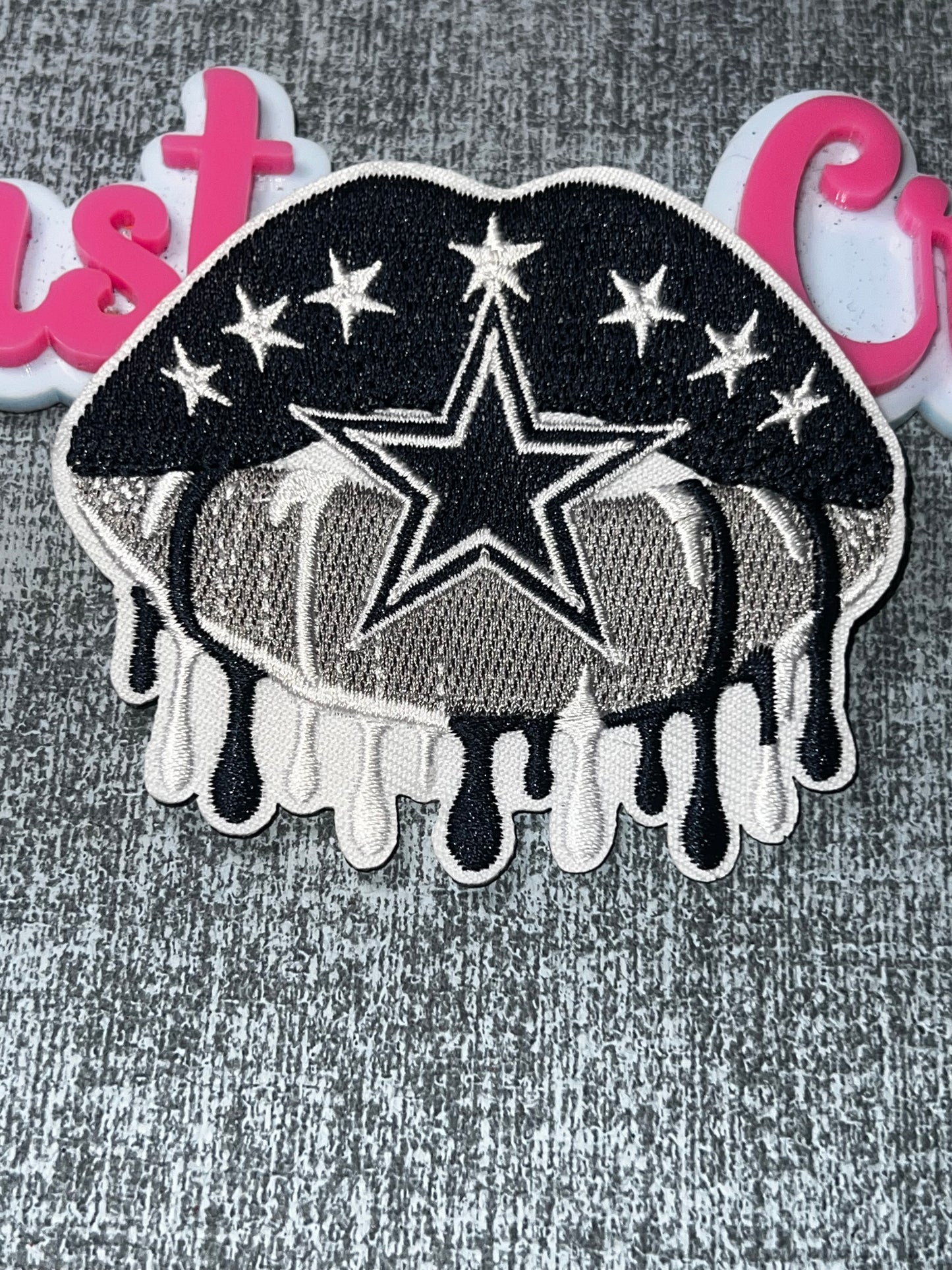 Dripping Star Lips Embroidered Iron-On Patch | Black White Silver Mouth Applique for Jackets Bags and Hats