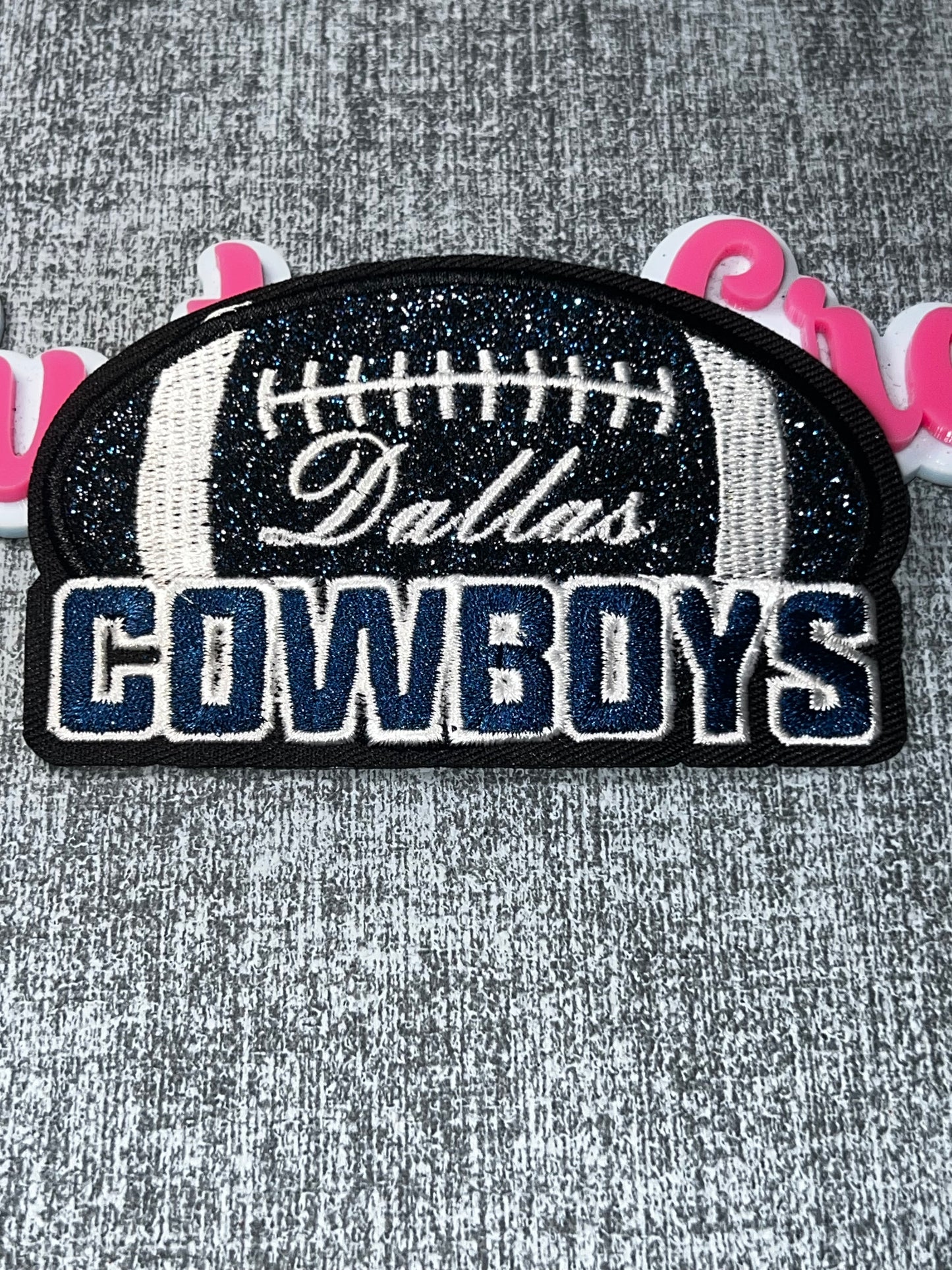 Navy Silver Glitter Embroidered Iron-On Patch | Sports Applique for Jackets Bags and Hats