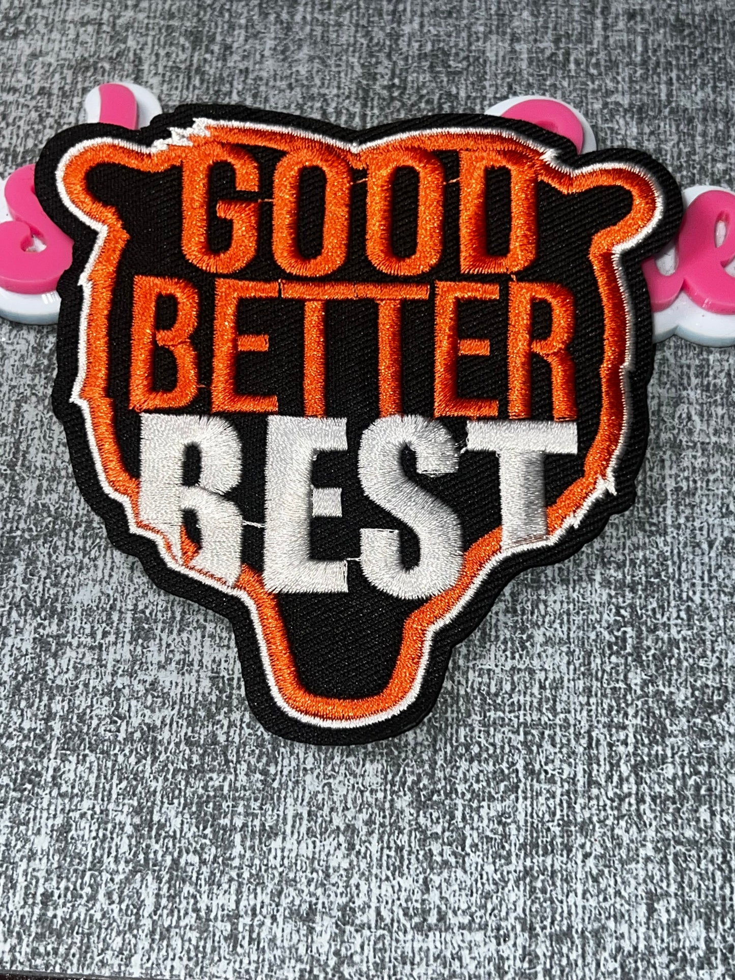 Good Better Best Embroidered Iron-On Patch | Orange Black Statement Applique for Jackets Bags and Hats