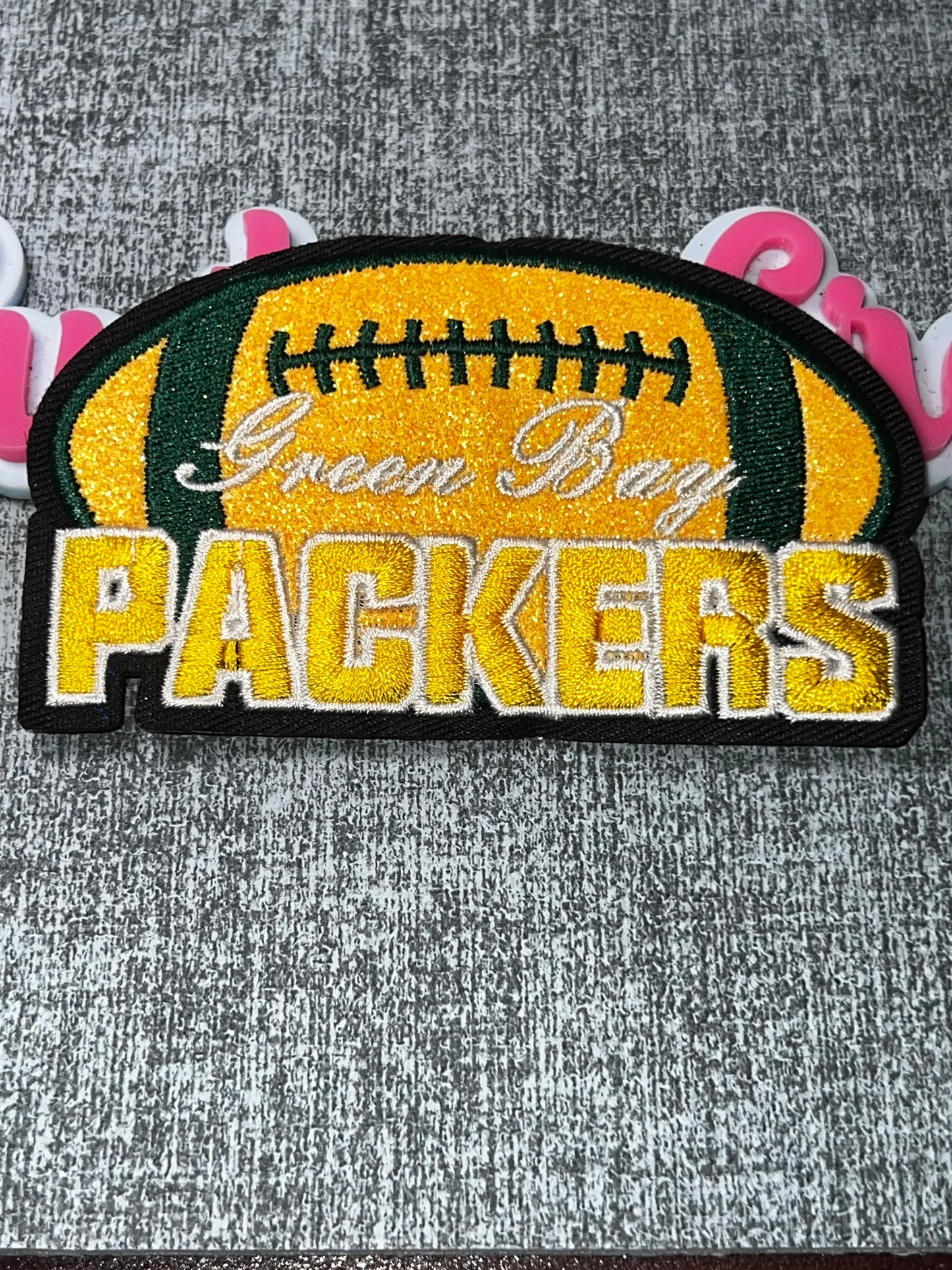 Green & Gold Glitter Varsity Word Embroidered Patch – Large Iron-On Applique