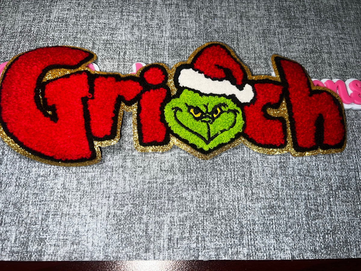 Red Holiday Lettering Green Face Patch – Chenille Glitter Iron-On Applique