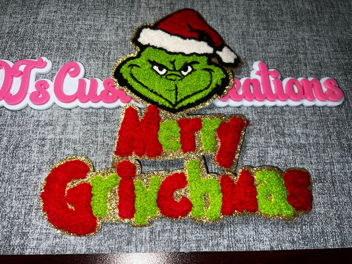 Merry Holiday Lettering Green Santa Face Patch – Chenille Glitter Iron-On Applique