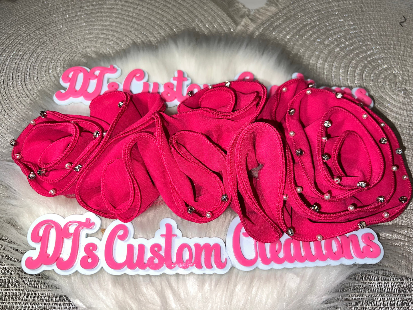 Hot Pink Rhinestone & Pearl Chiffon Rose Appliqué