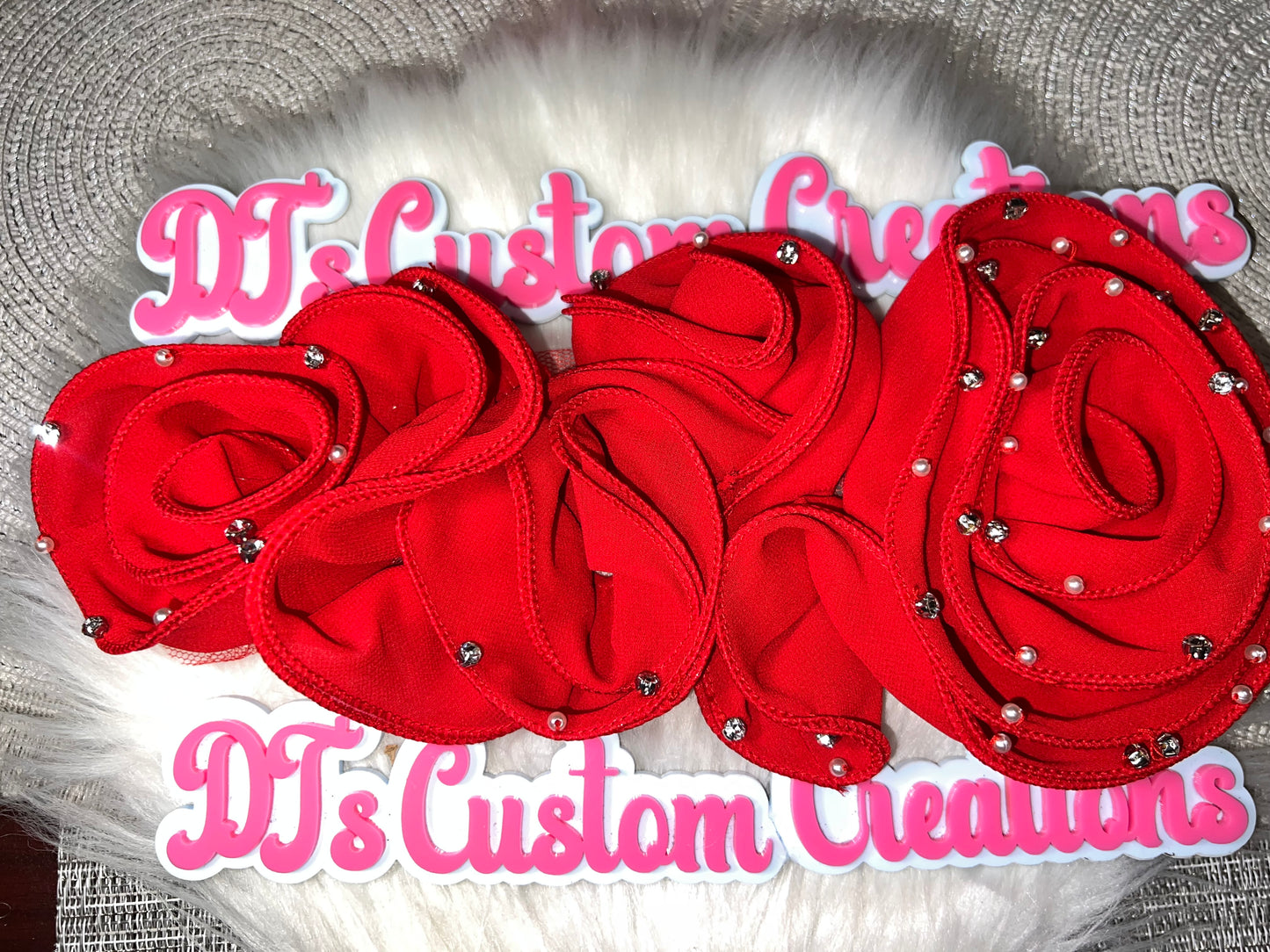 Red Rhinestone & Pearl Chiffon Rose Appliqué