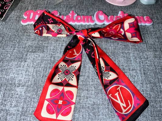Red Multi-Print Satin Scarf Bow – Luxury Style Hair Accessory