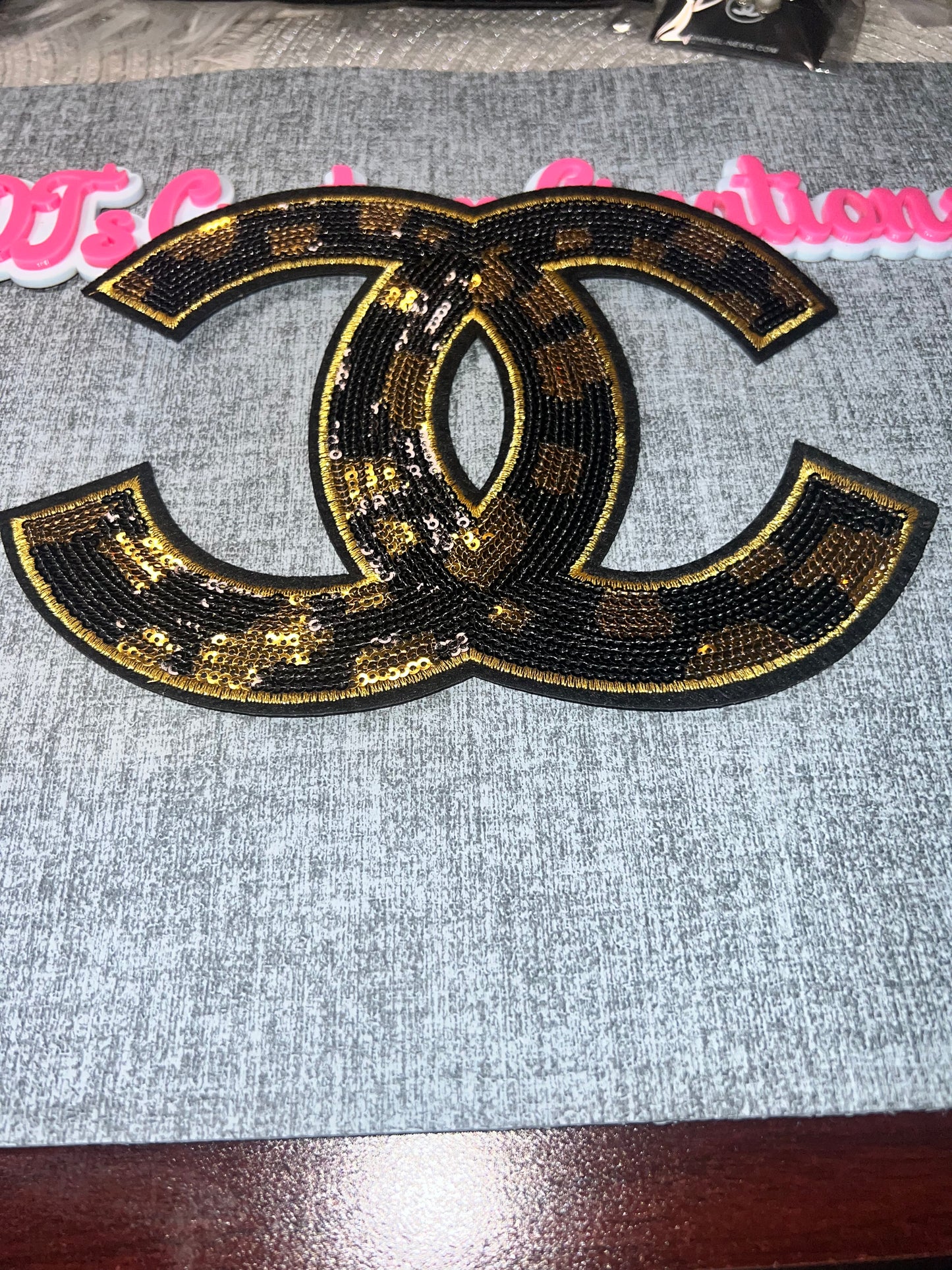 Luxury Inspired Gold & Black Camo Sequin Logo Patch