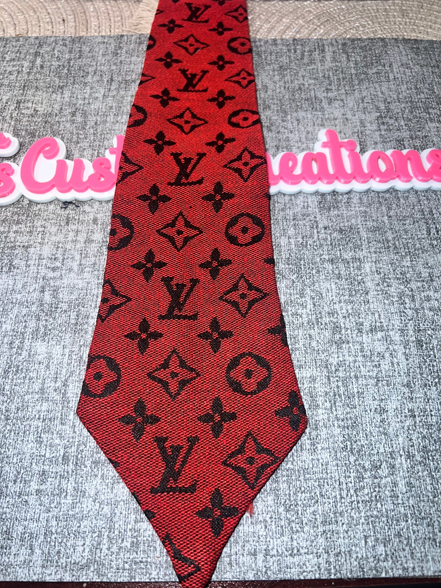 Crimson Red Monogram Necktie – Black Pattern Satin Tie for DIY Bling & Custom Designs