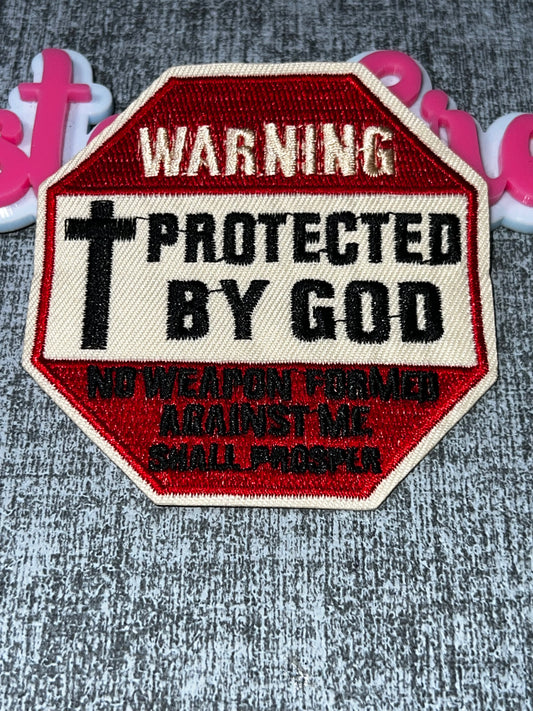 Luxe “Protected By God” Warning Embroidered Patch – Red, Black & White