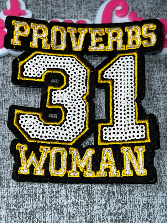 Proverbs 31 Woman Patch Sequin Embroidered Iron On Patch Faith Christian Patch Gold Black