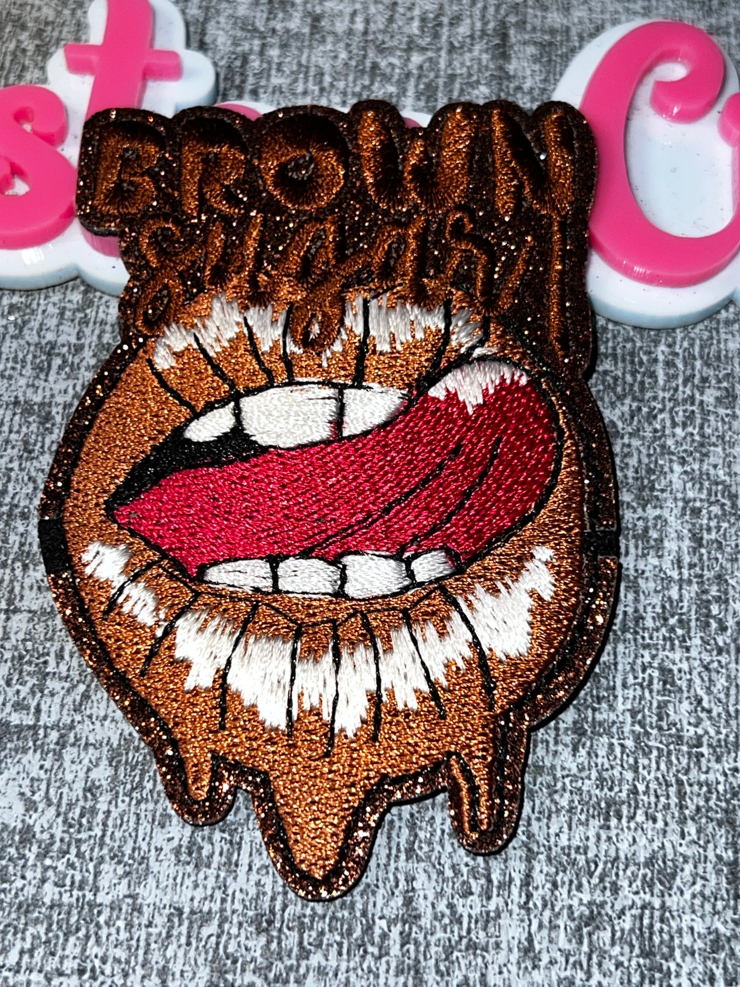 Brown Sugar Baby Embroidered Lip Patch – Glitter Statement Patch