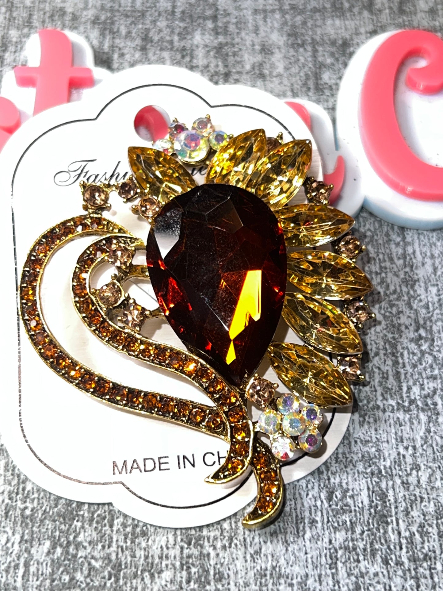 Amber Gold Crystal Flower Brooch Pin – Vintage Style Statement Jewelry