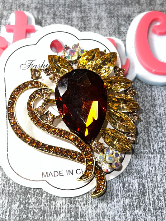 Amber Gold Crystal Flower Brooch Pin – Vintage Style Statement Jewelry