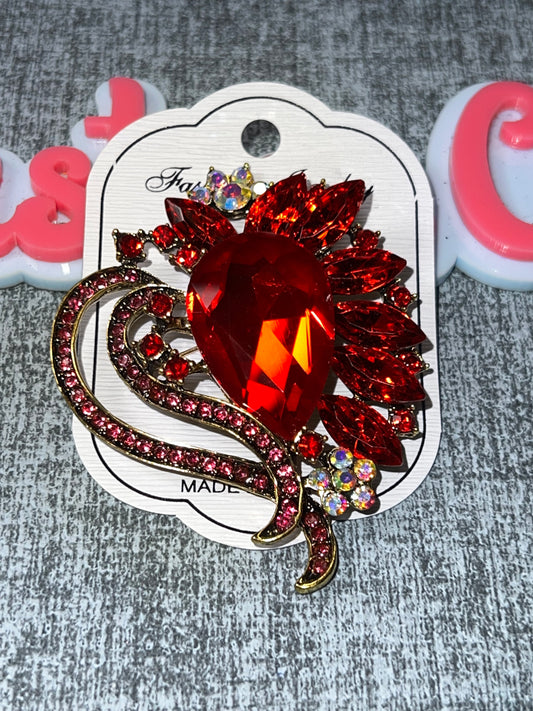 Ruby Red Crystal Flower Brooch Pin – Elegant Statement Jewelry