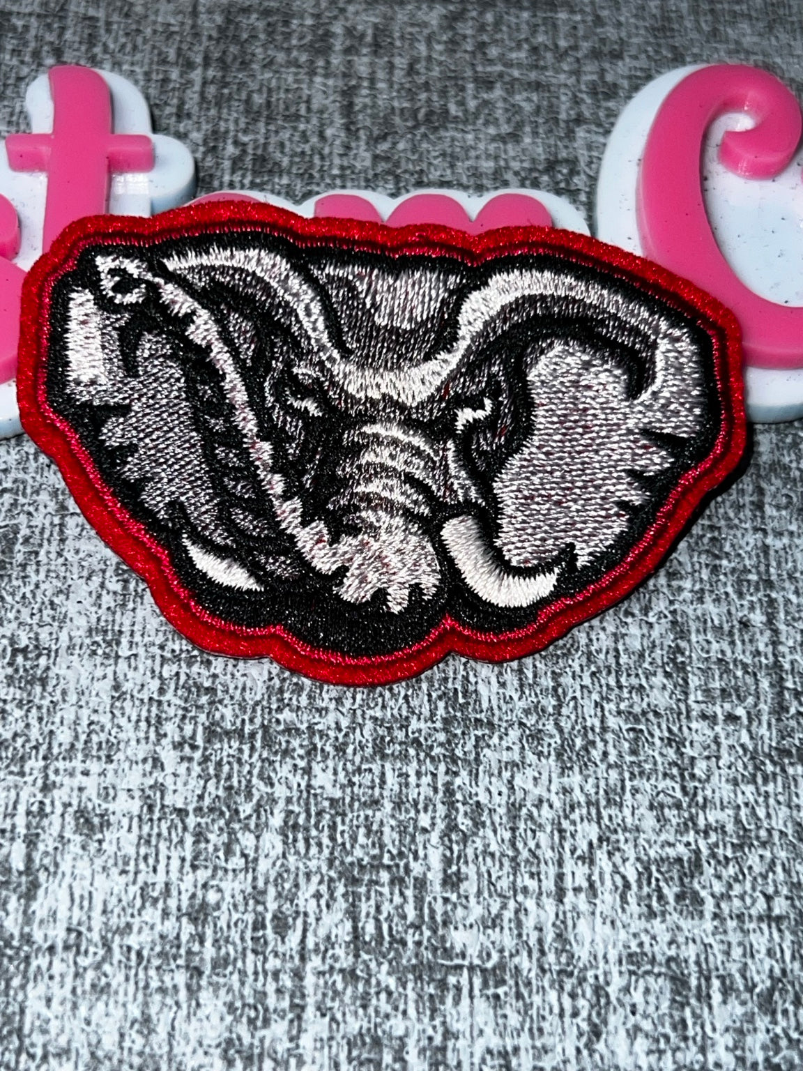 Gray Elephant Face Red Border Embroidered Iron-On Patch