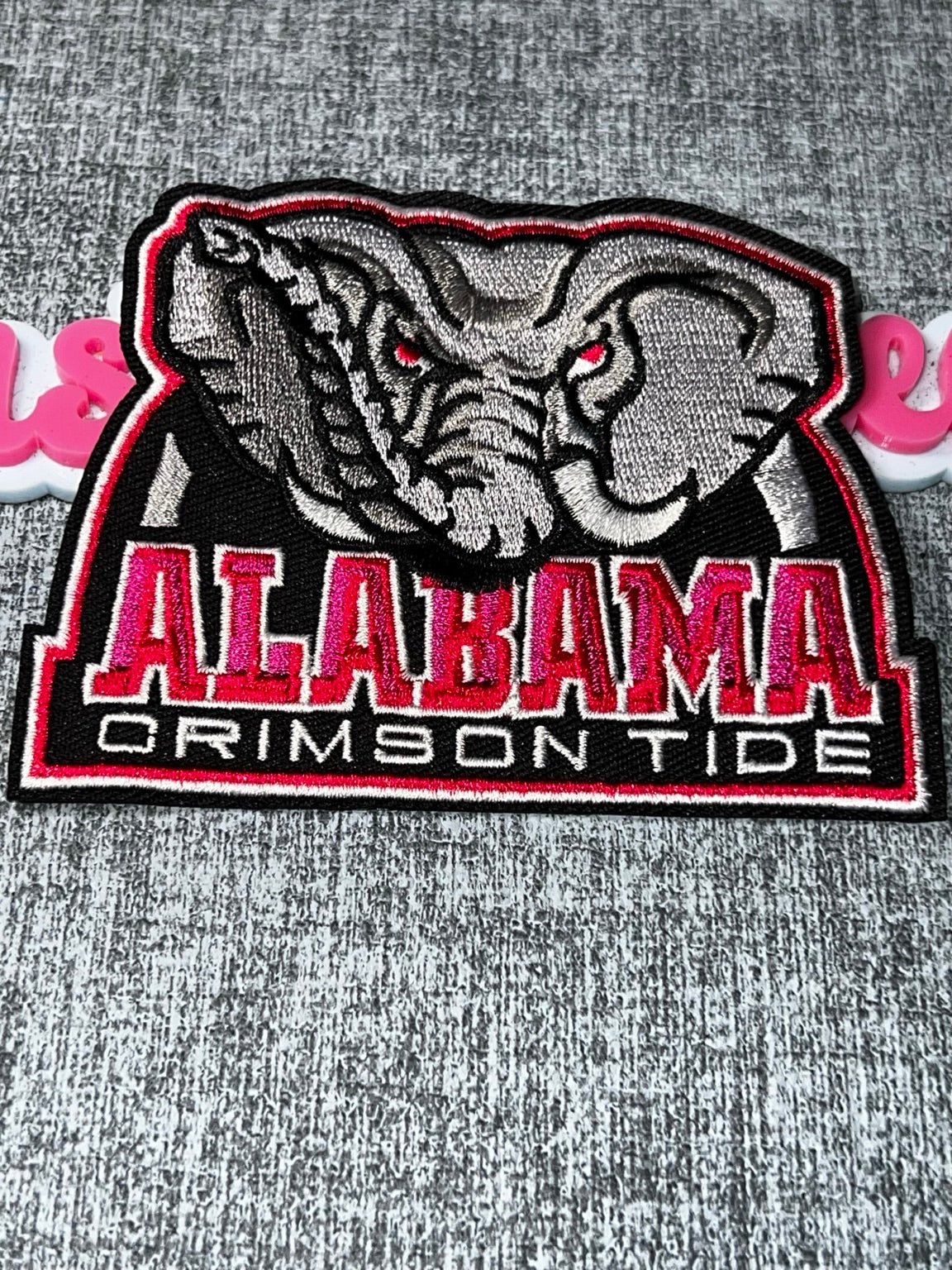 Gray Elephant Head Crimson Lettering Embroidered Iron-On Patch