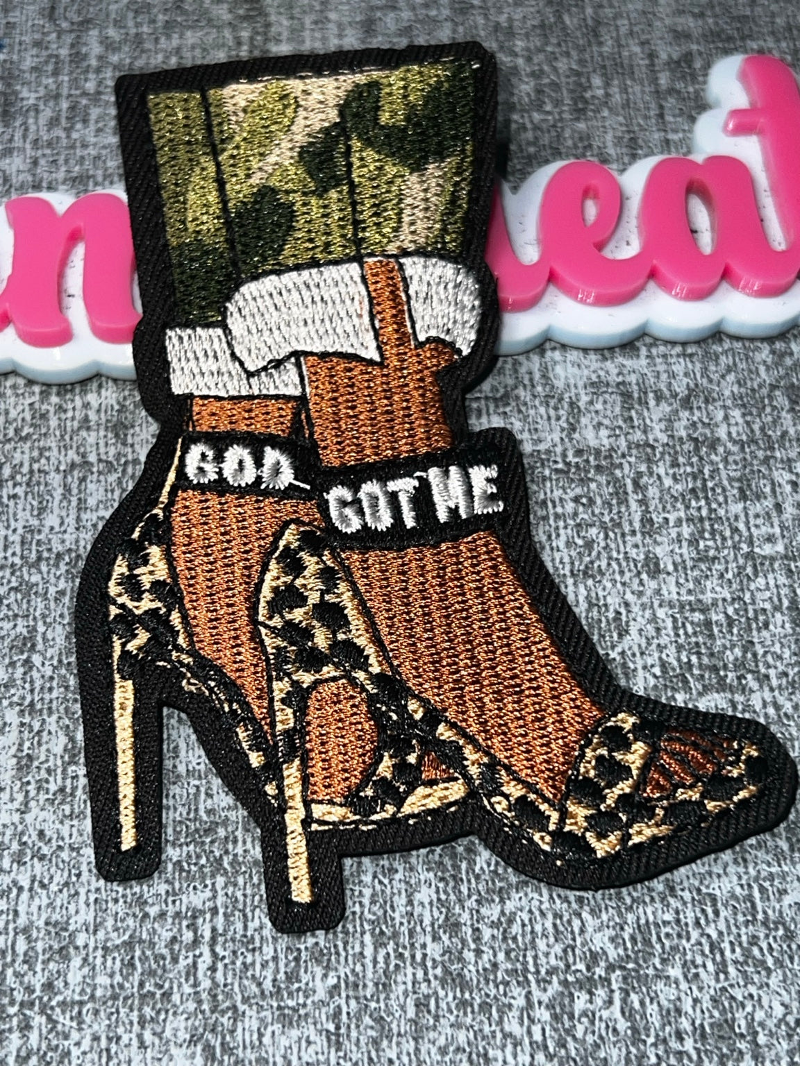 God Got Me Camo Leopard High Heel Patch – Embroidered Iron On Applique