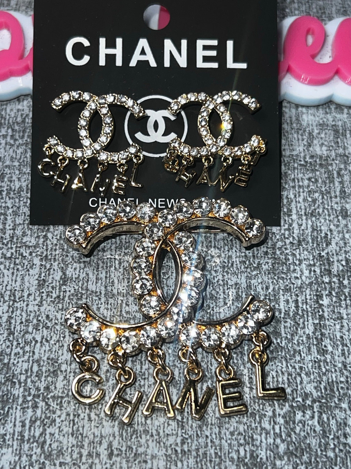 Gold rhinestone letter charm brooch and matching earrings set