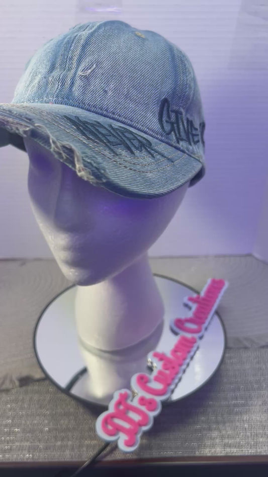 “Never Give Up” Denim Hat (Light Wash – Navy Stitch)