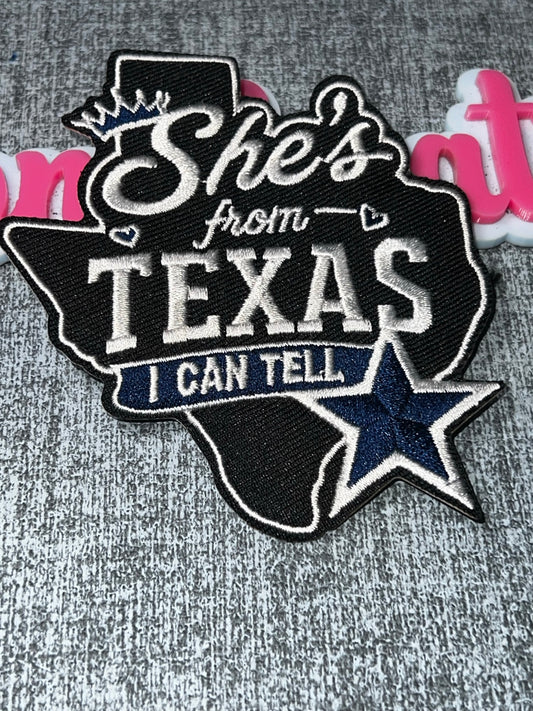 She's From Texas State Shape Patch – Embroidered Statement Iron On Applique